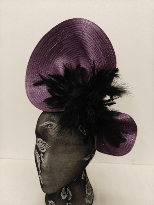 purple black flower large straw fascinator millinery burlesque headband wedding
