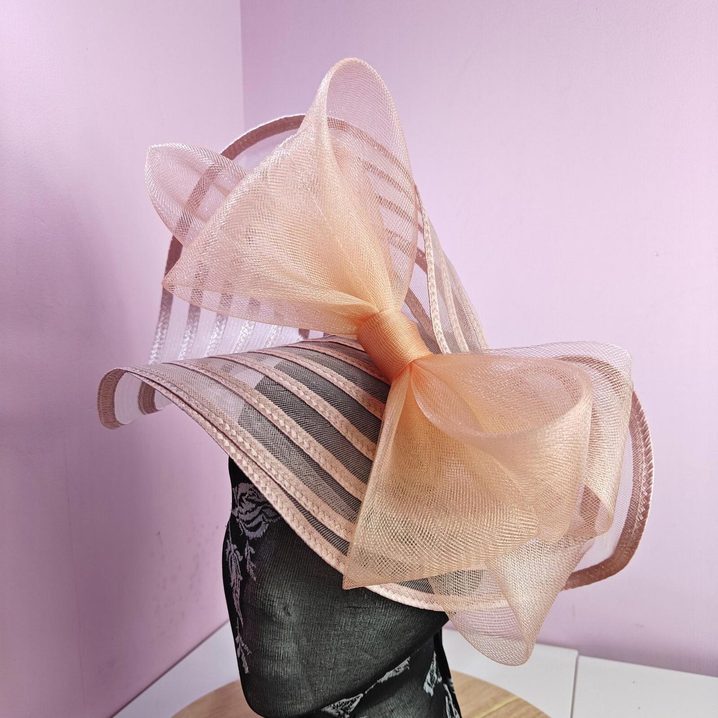 pink peach coral bow fascinator millinery wedding hat Kentucky Derby Royal Ascot
