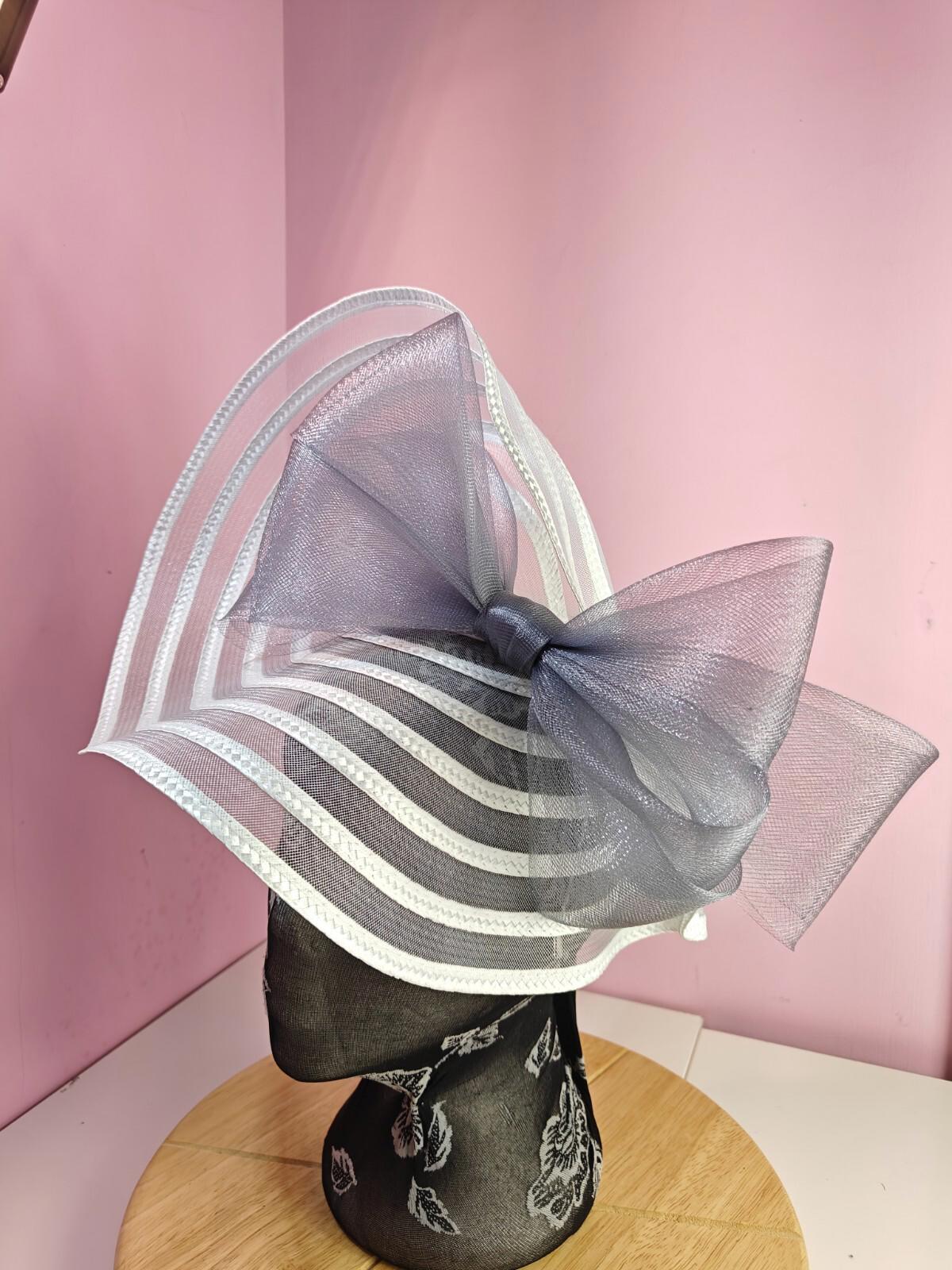 white grey bow fascinator millinery wedding hat Kentucky Derby Royal Ascot
