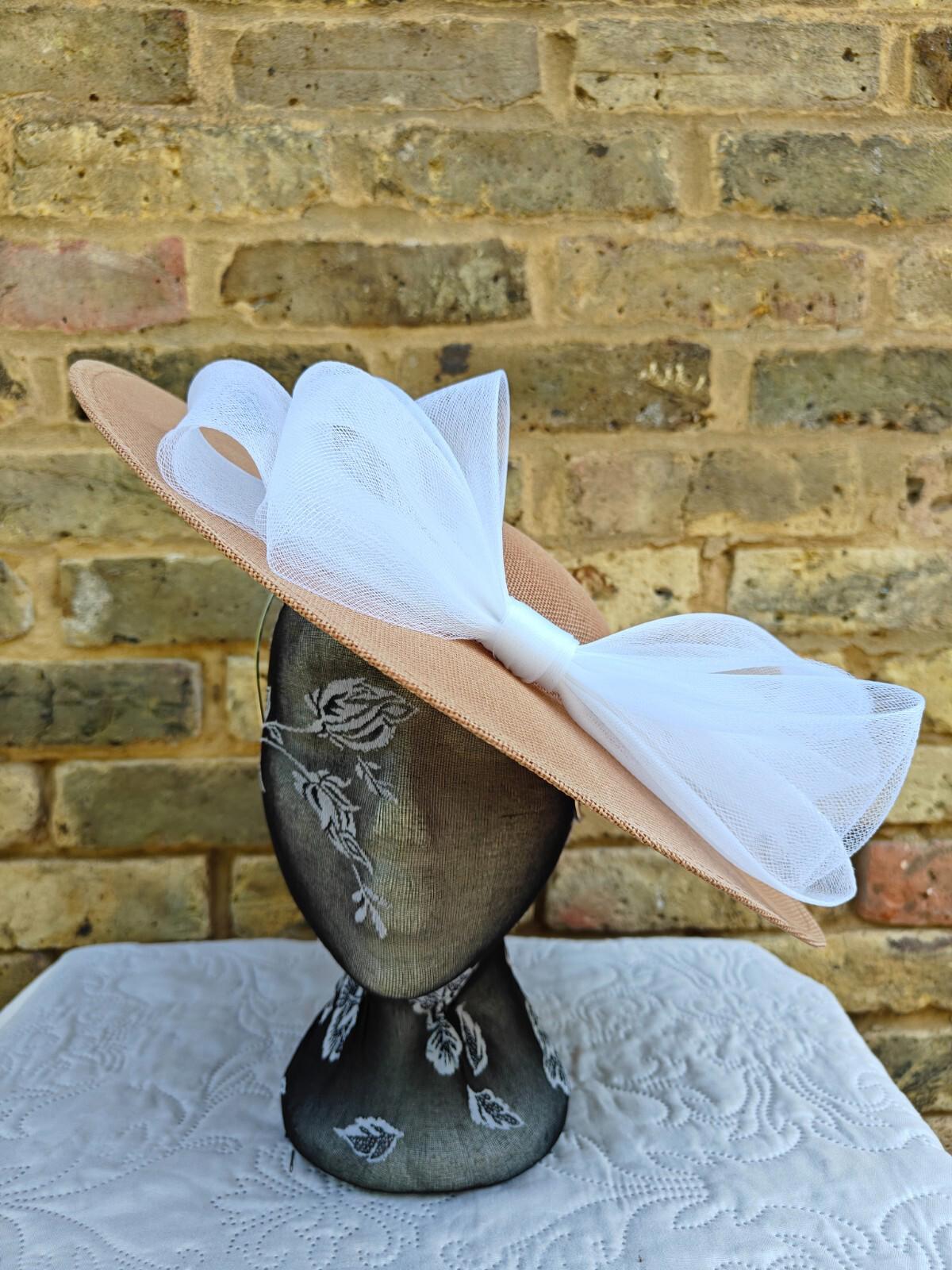 beige white large fascinator wedding hat  Kentucky Derby Royal Ascot bow