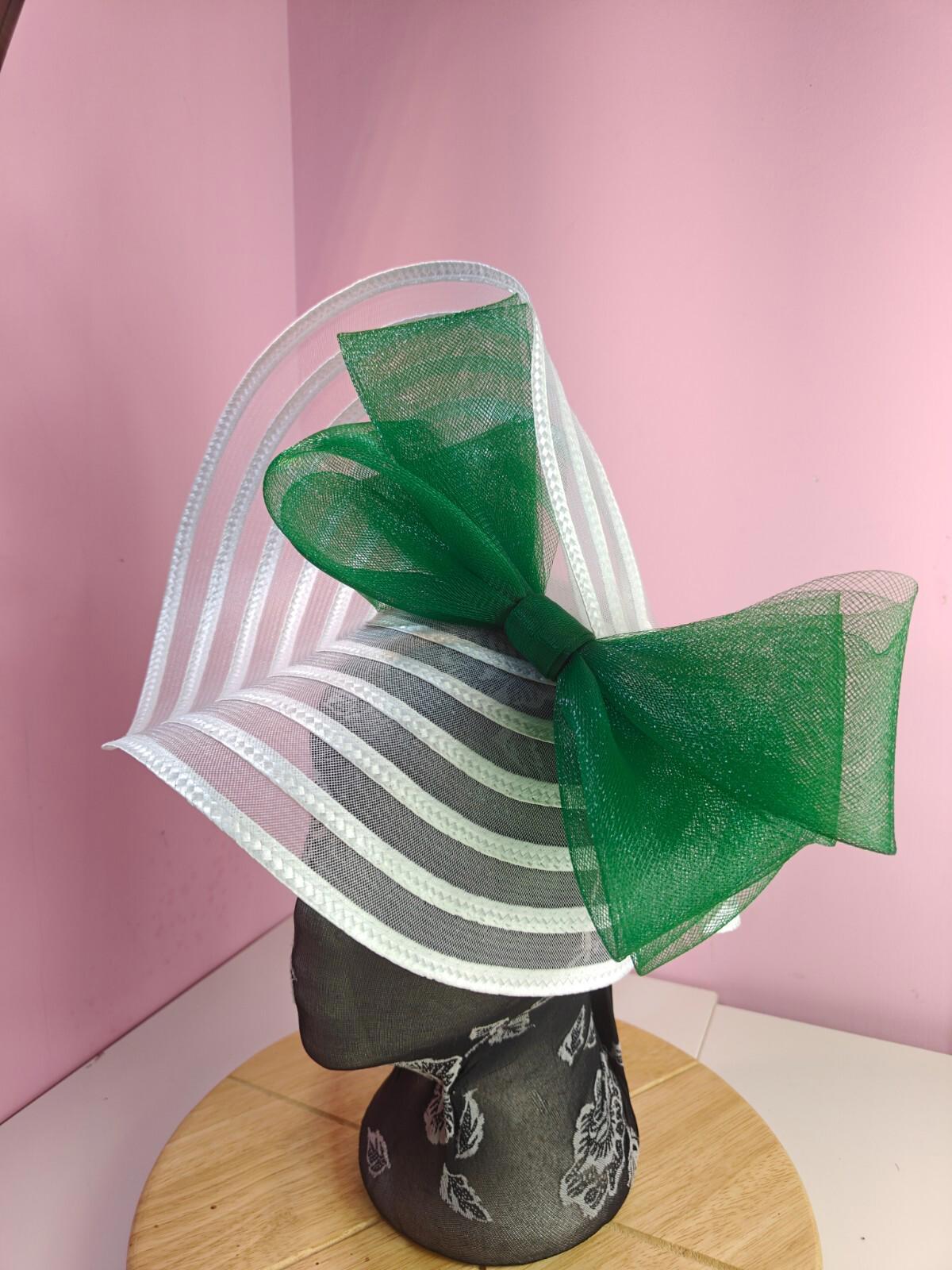white green bow fascinator millinery wedding hat Kentucky Derby Royal Ascot