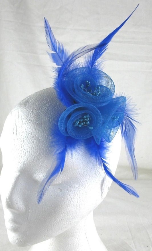 blue fascinator millinery feather brooch clip wedding hair piece ascot
