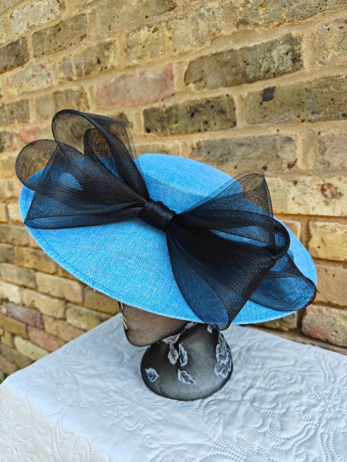 baby blue black large fascinator wedding hat  Kentucky Derby Royal Ascot bow