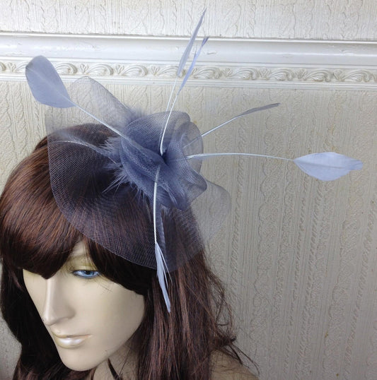 grey netting feather hair headband fascinator millinery wedding hat ascot race