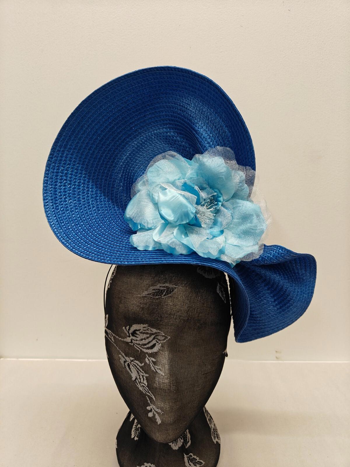 blue flower large straw fascinator millinery burlesque headband wedding hat