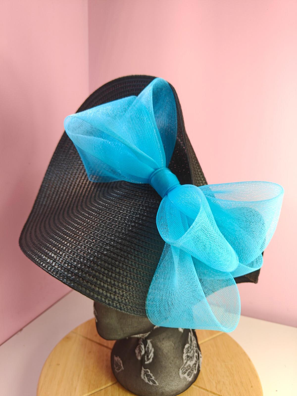 black turquoise large straw fascinator wedding hat Kentucky Derby Royal Ascot