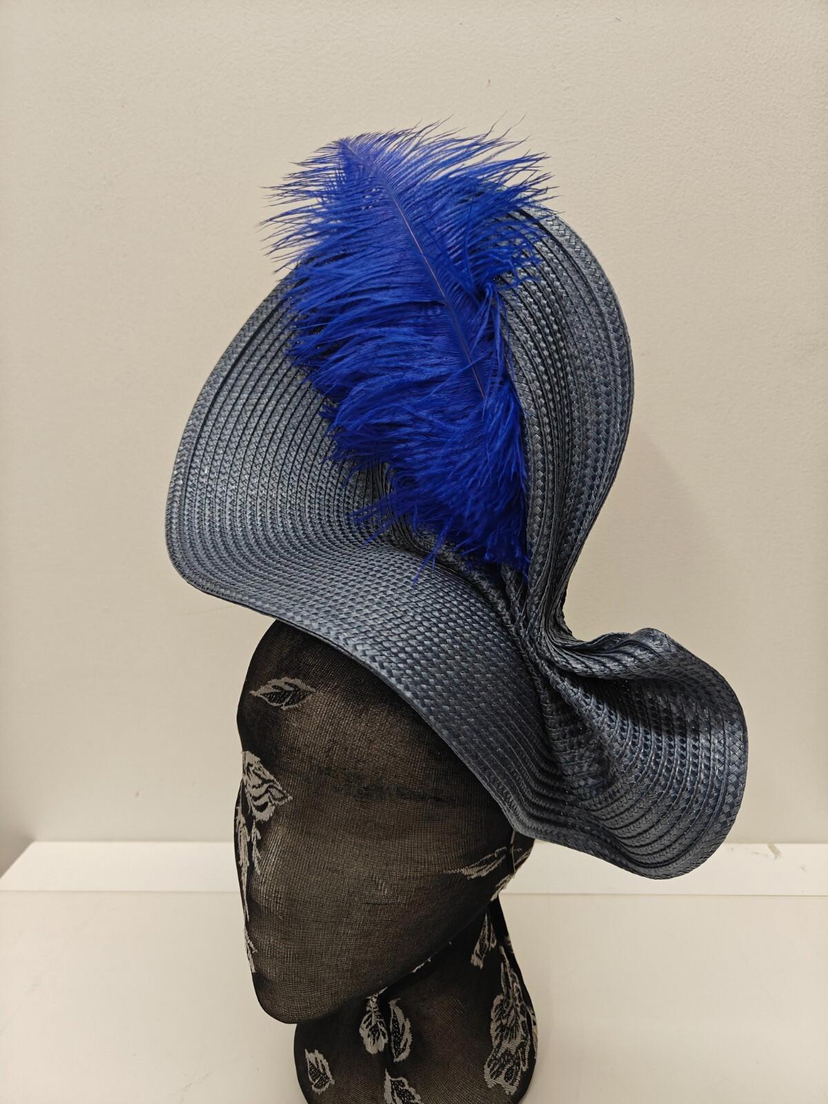 blue large straw fascinator ostrich feather millinery headband wedding hat