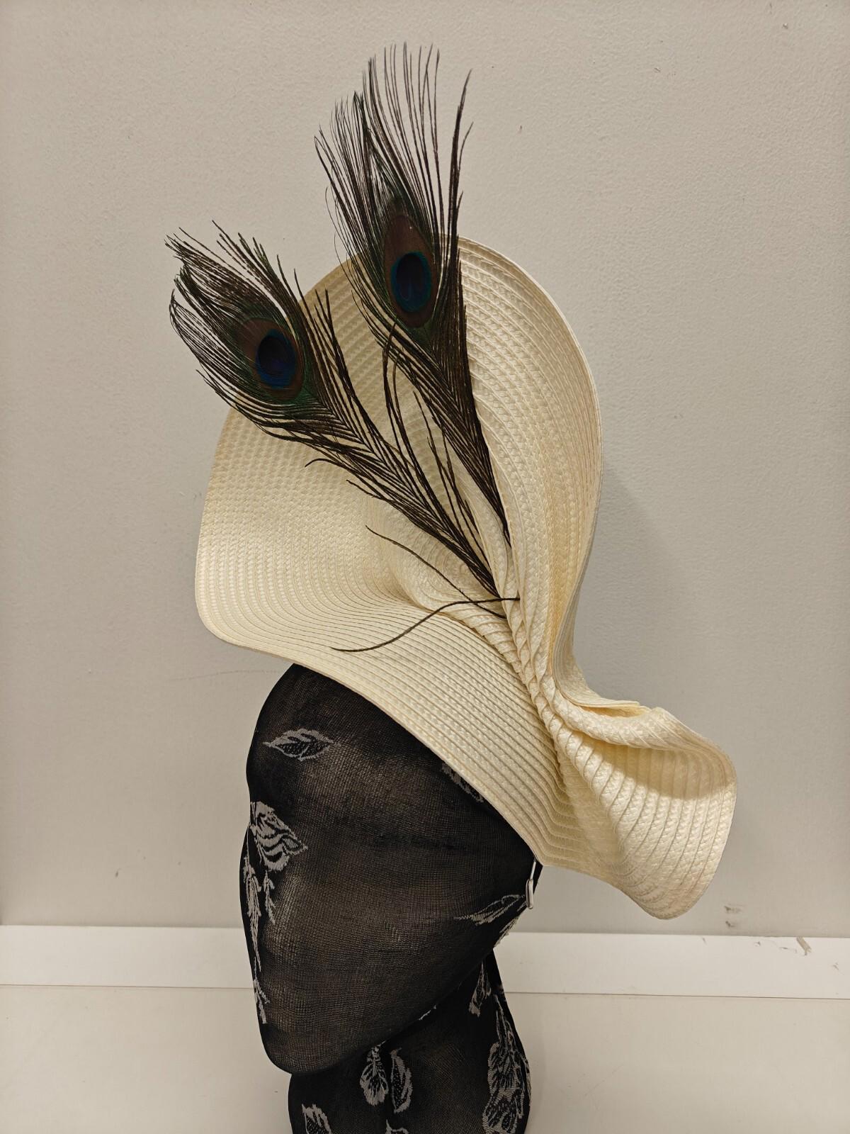 ivory large straw fascinator peacock feather millinery headband wedding hat