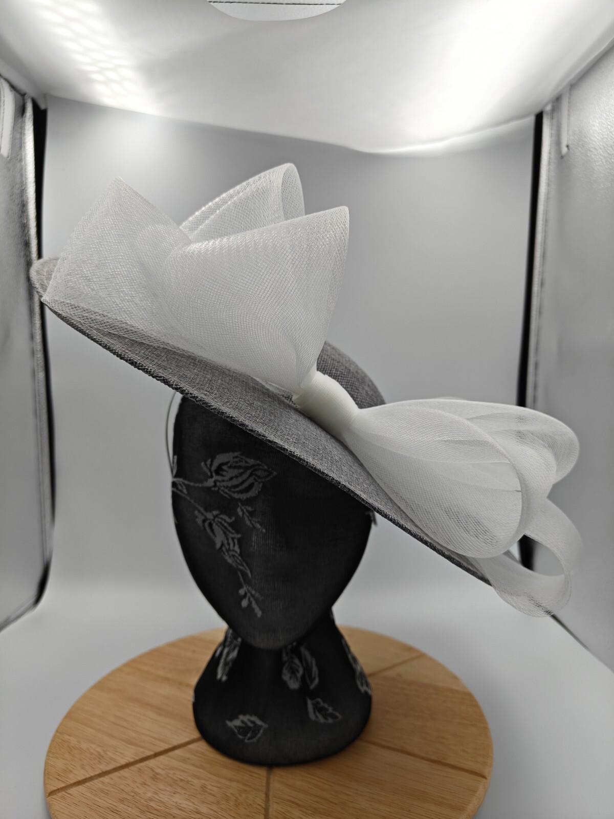 grey white large fascinator headband wedding hat  Kentucky Derby Royal Ascot