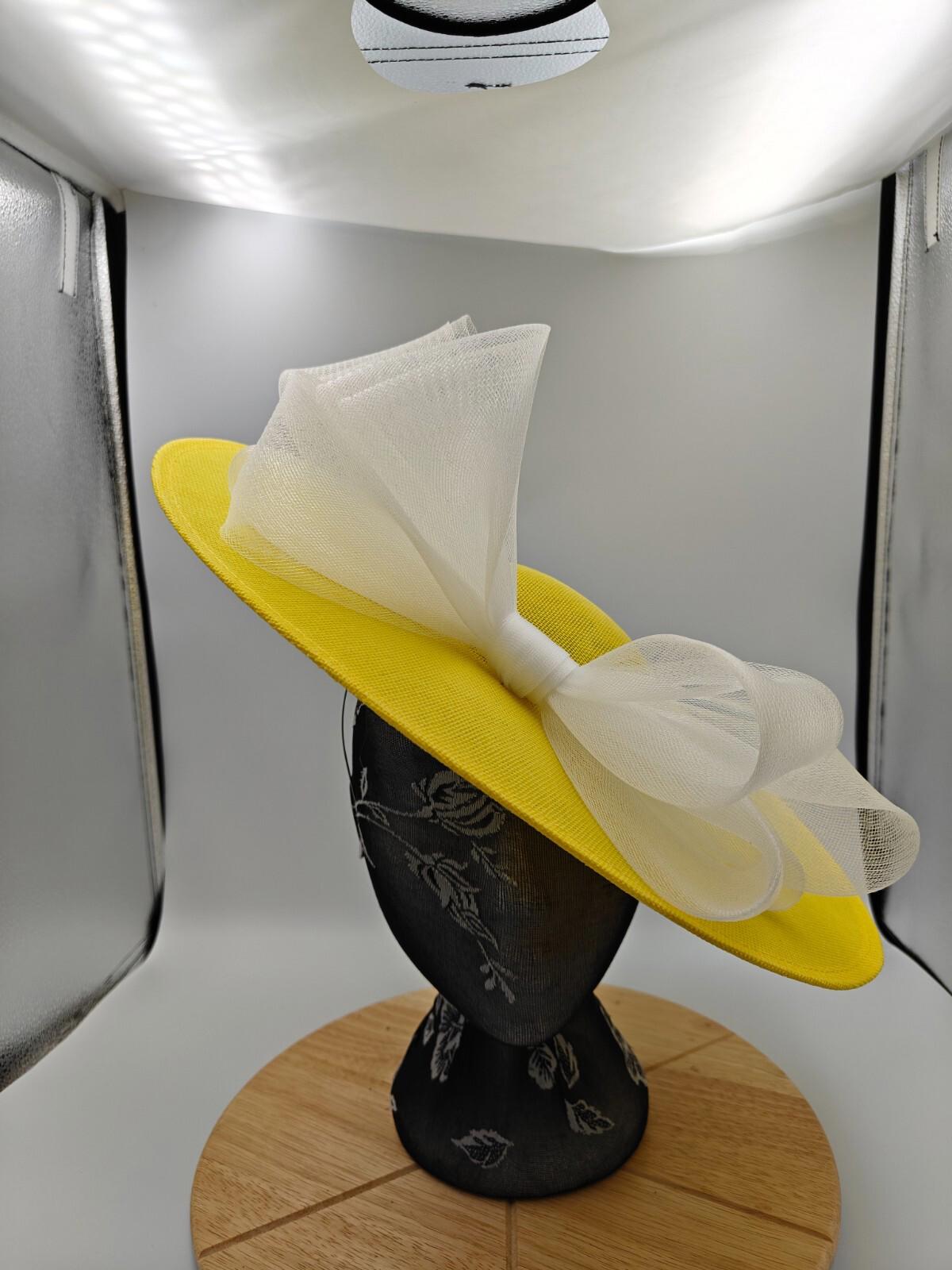 yellow white large fascinator headband wedding hat Kentucky Derby Royal Ascot