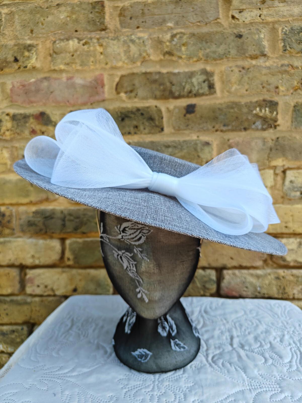 grey white large fascinator wedding hat  Kentucky Derby Royal Ascot bow