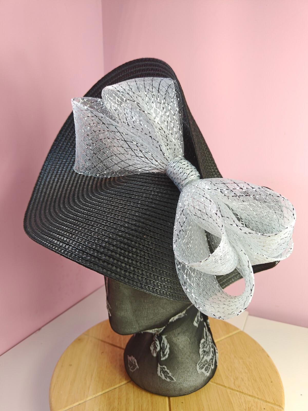 black silver large straw fascinator wedding hat Kentucky Derby Royal Ascot