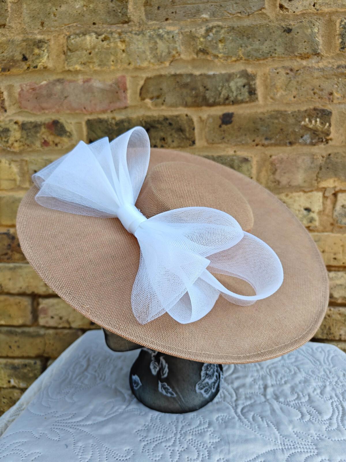 beige white large fascinator wedding hat  Kentucky Derby Royal Ascot bow