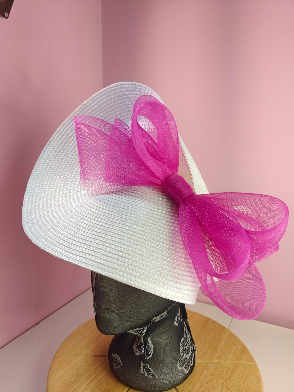 white dark pink large straw fascinator wedding hat Kentucky Derby Royal Ascot