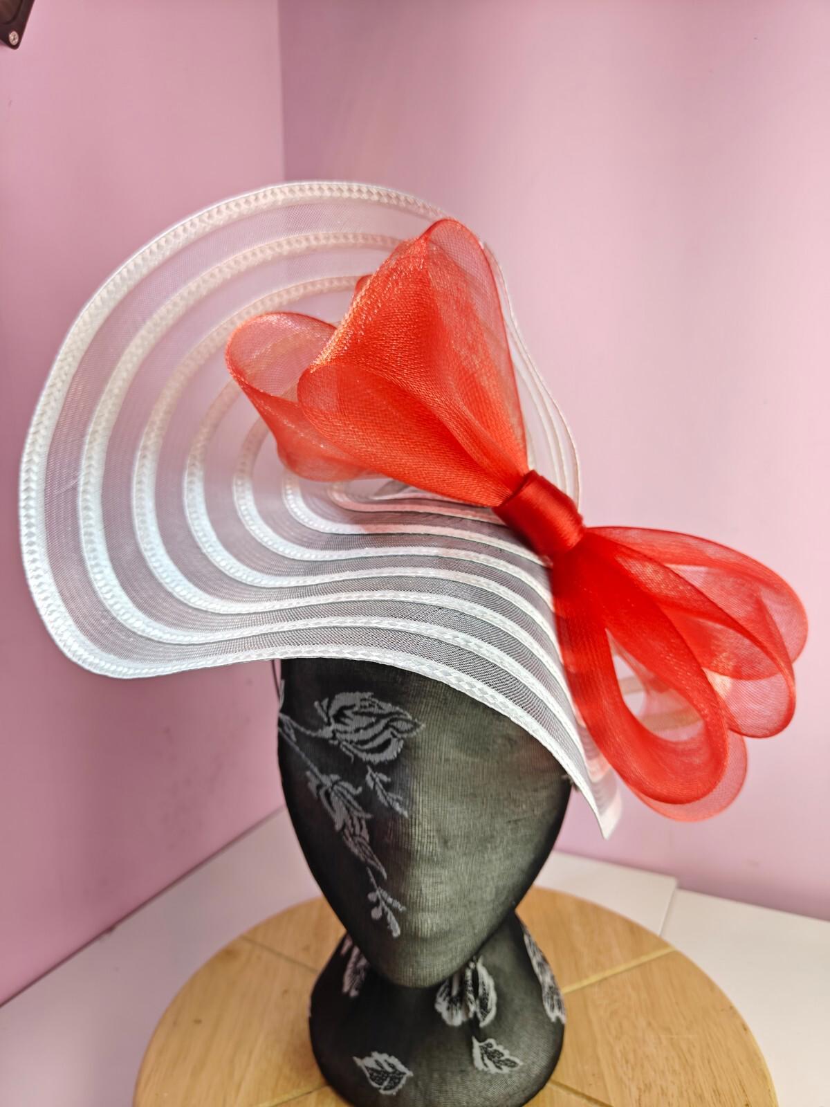 white red bow fascinator millinery wedding hat Kentucky Derby Royal Ascot