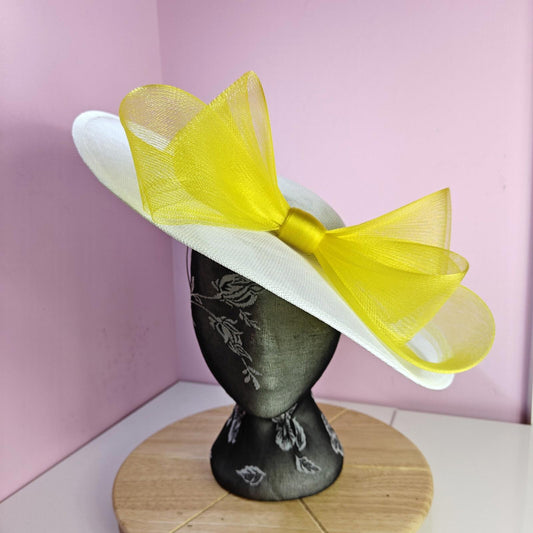 white yellow large fascinator wedding hat  Kentucky Derby Royal Ascot bow