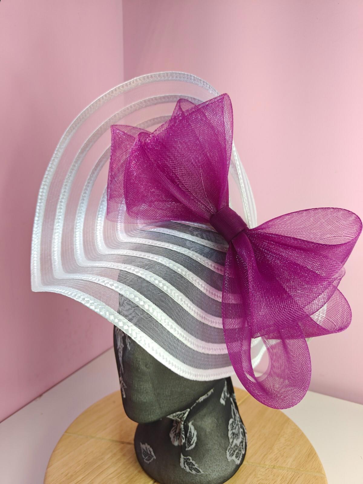 white plum pink bow fascinator millinery wedding hat Kentucky Derby Royal Ascot