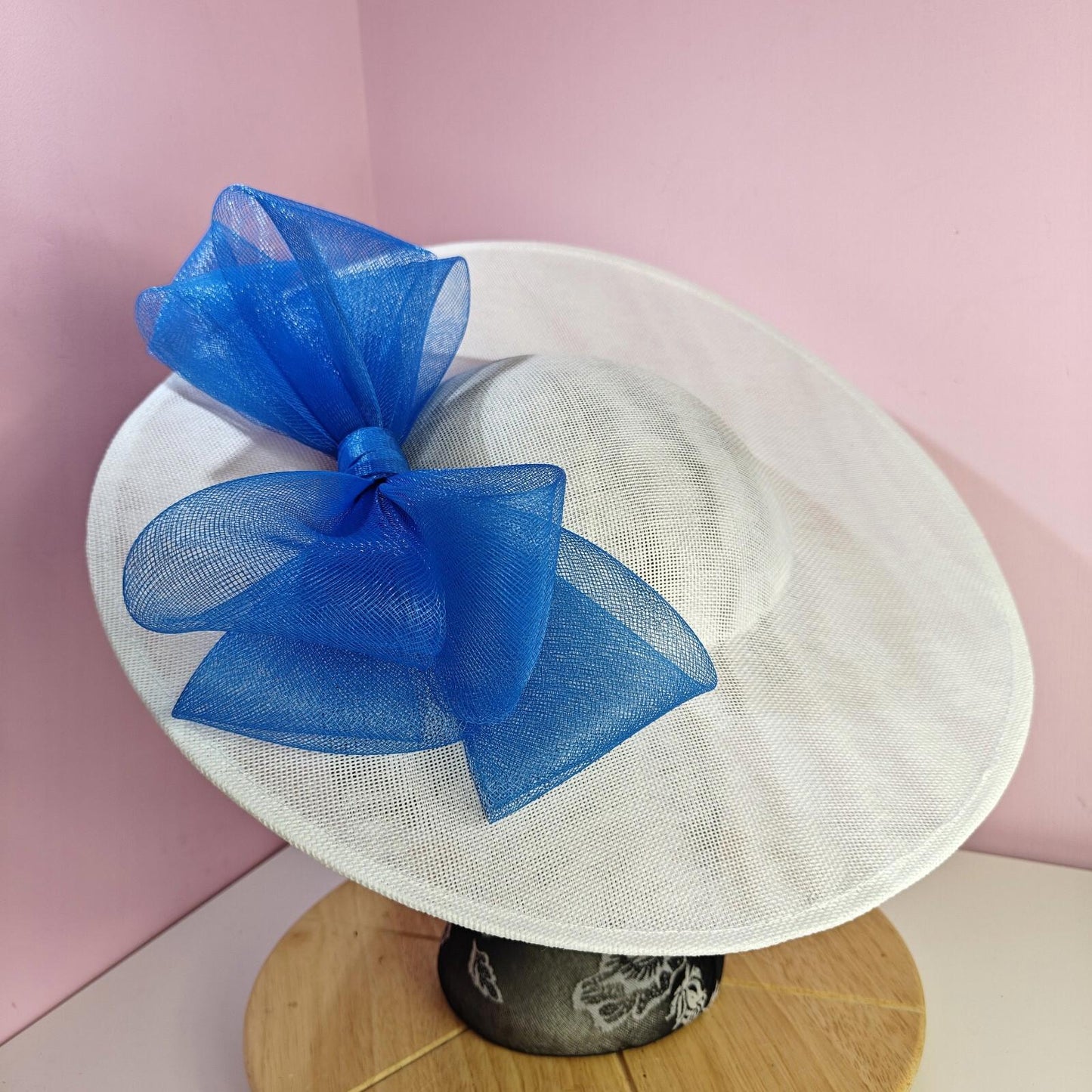 white blue large fascinator wedding hat  Kentucky Derby Royal Ascot bow