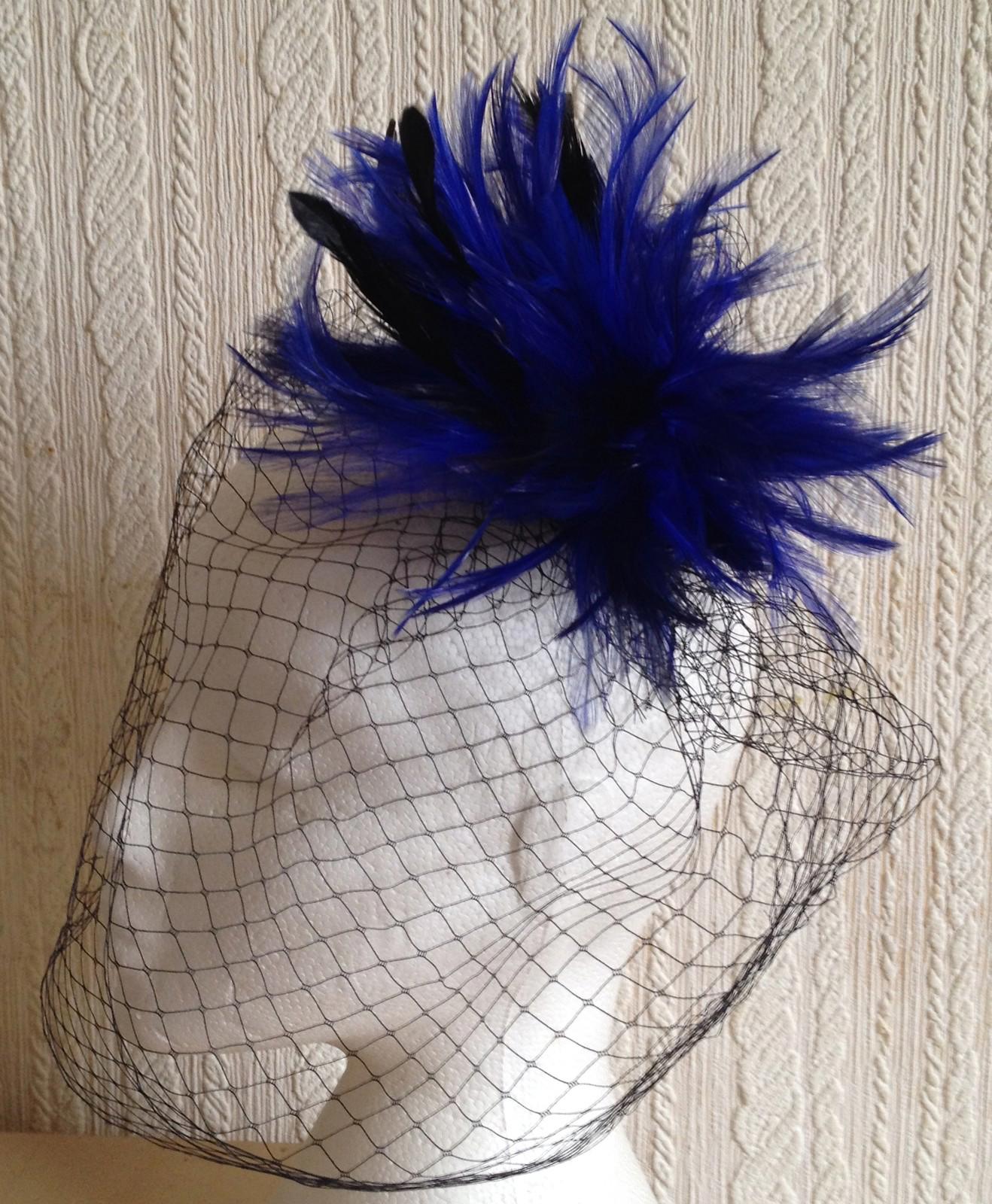 blue feather black veiling fascinator millinery hair clip ascot wedding bridal 1