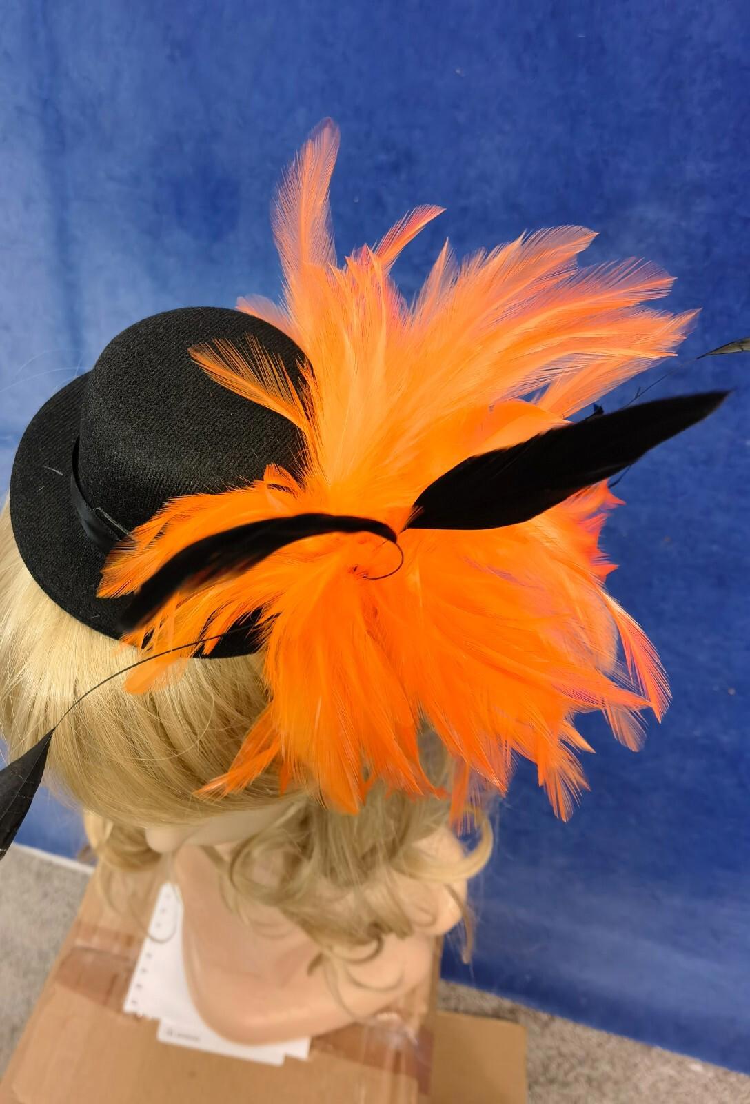 Orange black feather mini top hat fascinator millinery burlesque wedding 1