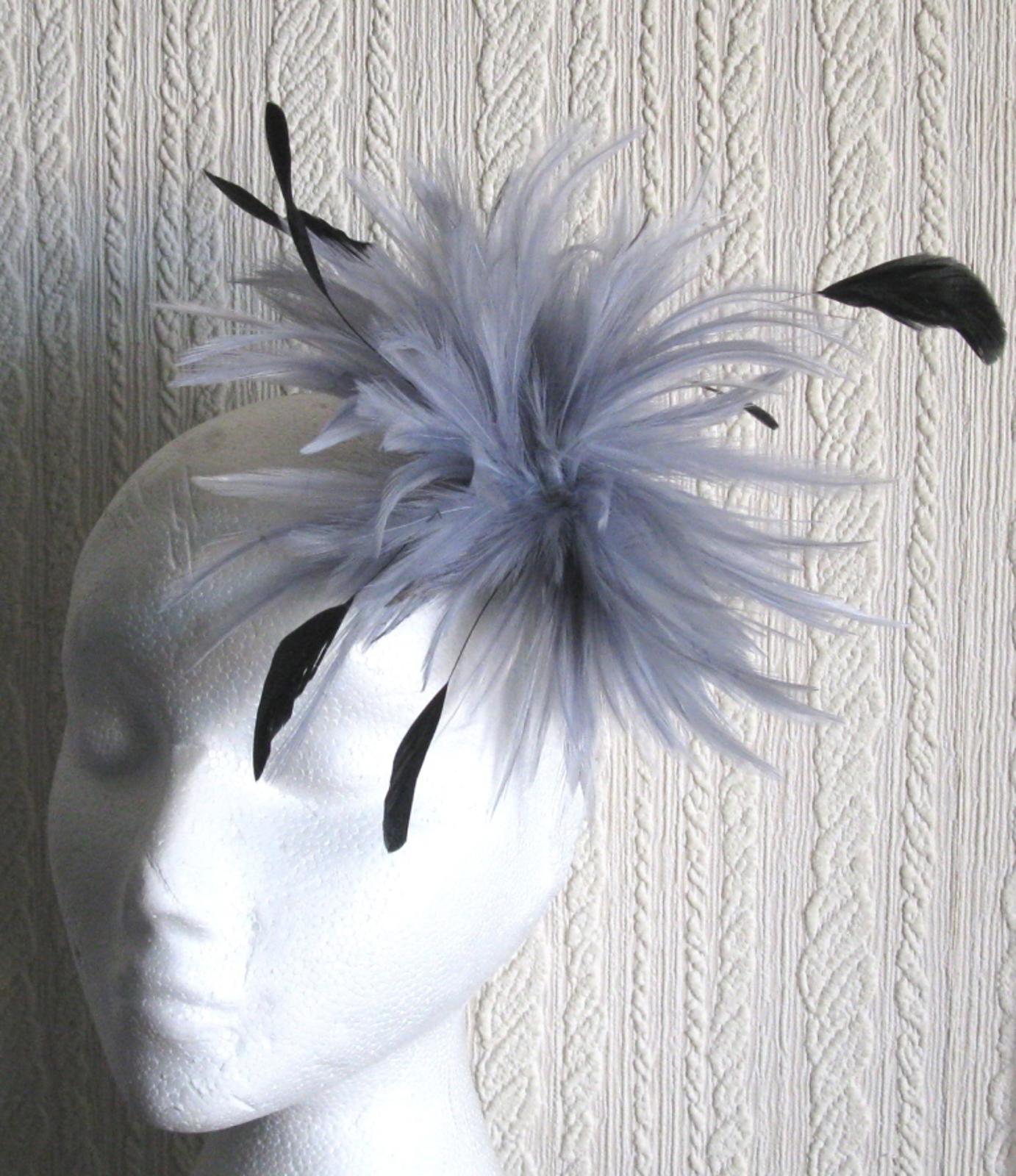grey fascinator millinery feather brooch hair clip piece hat wedding race ascot