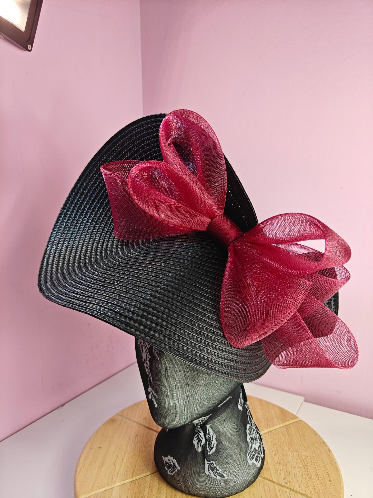 black dark red large straw fascinator wedding hat Kentucky Derby Royal Ascot
