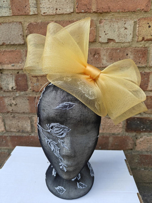 Gold yellow fascinator millinery burlesque headband wedding hat ascot race