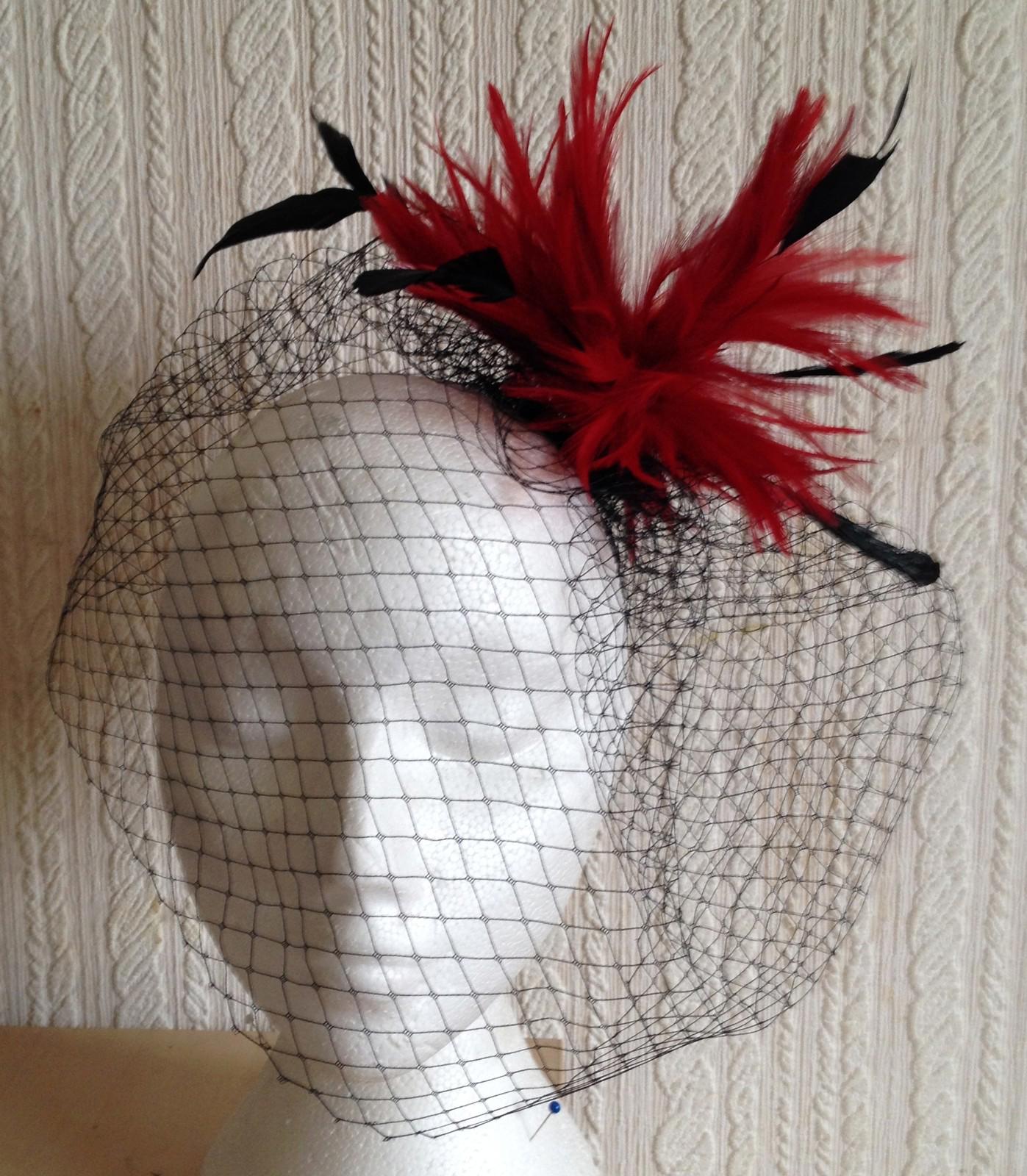 red feather black veiling fascinator millinery hair clip ascot wedding bridal