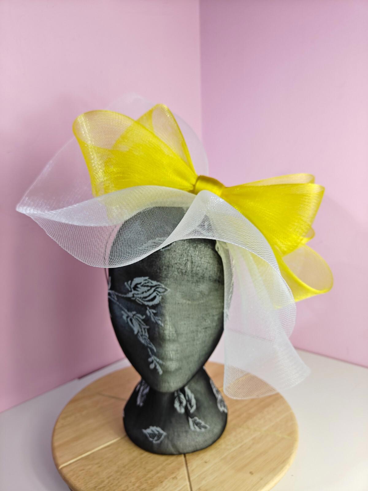 white yellow fascinator millinery headband derby wedding hat ascot race