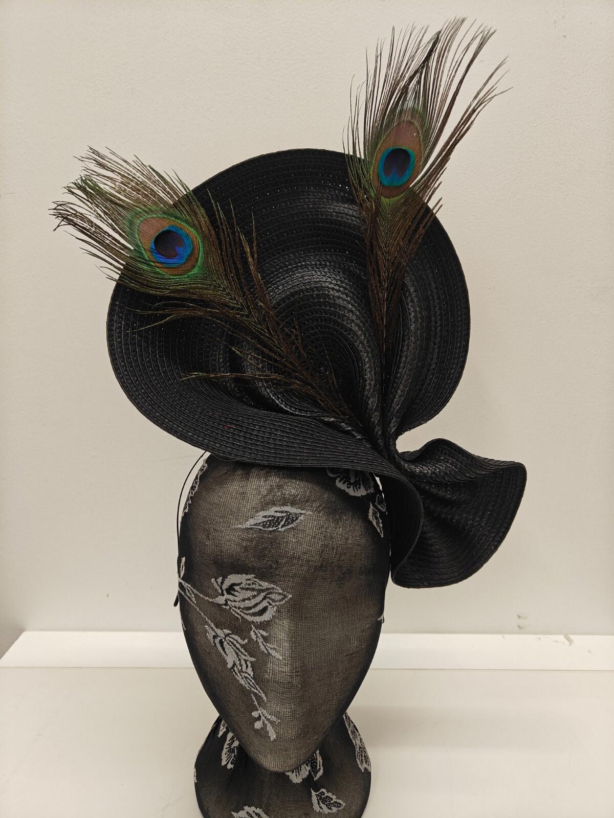 black large straw fascinator peacock feather millinery headband wedding hat