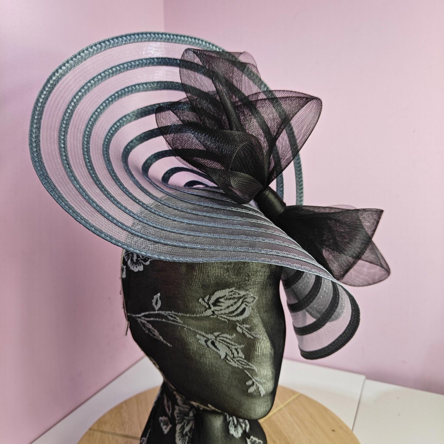 grey black bow fascinator millinery wedding hat Kentucky Derby Royal Ascot