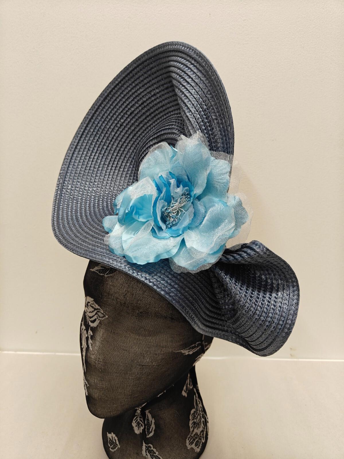 blue flower large straw fascinator millinery burlesque headband wedding hat