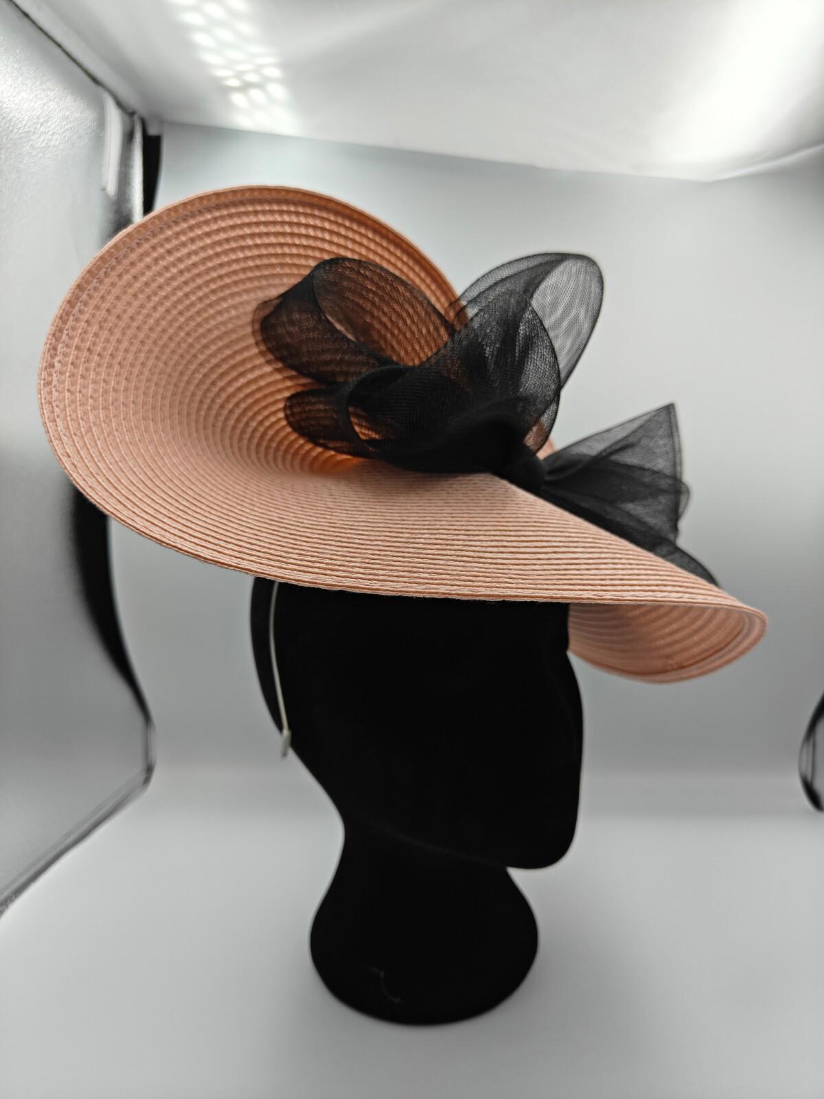 peach pink black bow straw fascinator millinery burlesque headband wedding hat