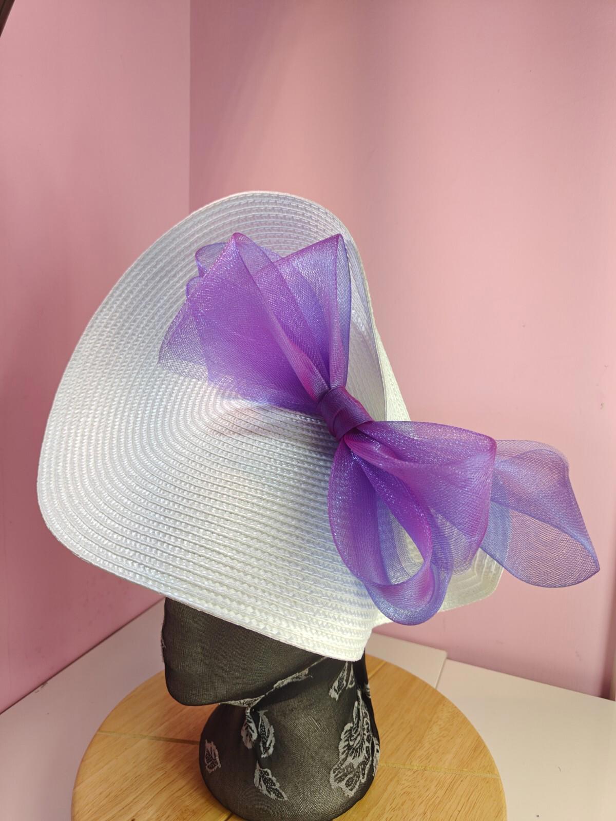 white purple large straw fascinator wedding hat Kentucky Derby Royal Ascot