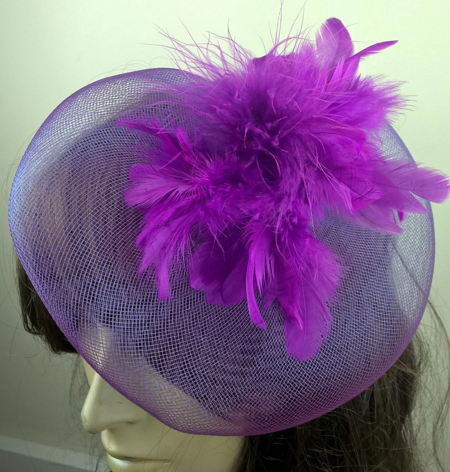 purple feather fascinator millinery burlesque wedding hat bridal race ascot