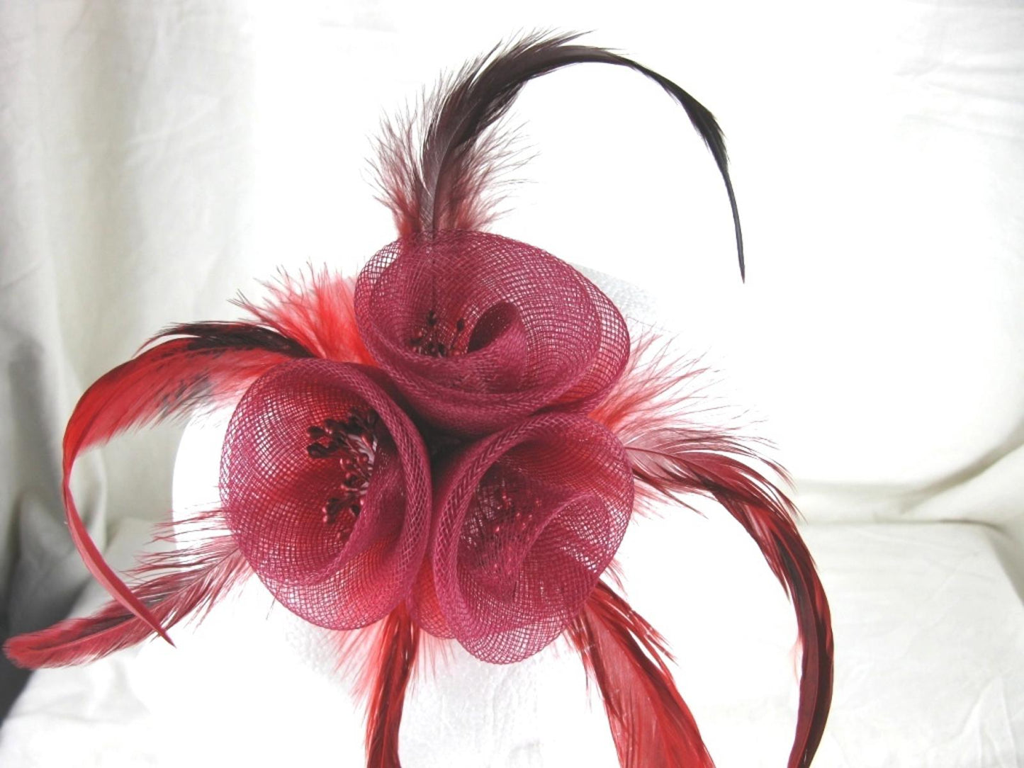 dark red fascinator millinery feather brooch clip wedding hair piece ascot