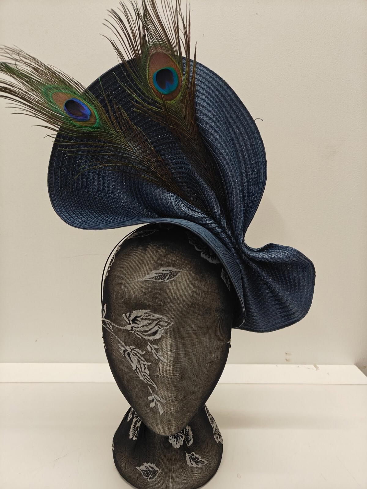 navy blue large straw fascinator peacock feather millinery headband wedding hat