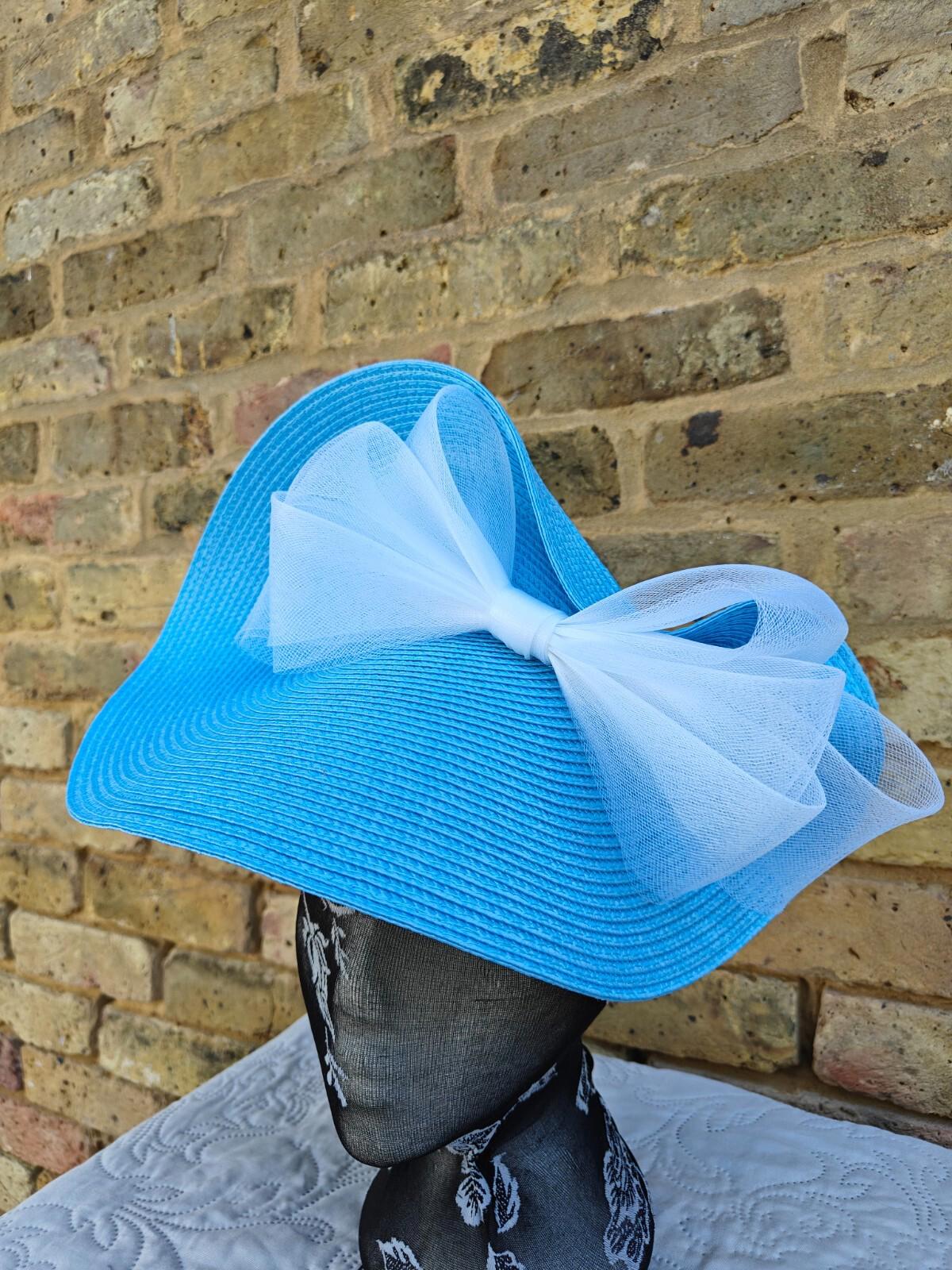 light blue white large straw fascinator millinery headband wedding hat ascot