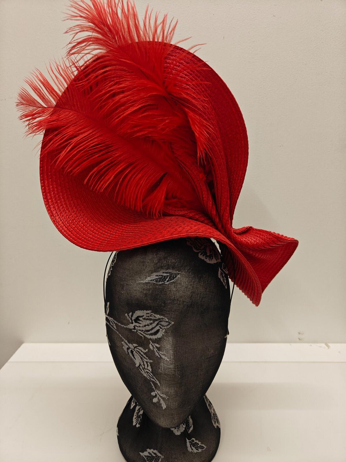 red large straw fascinator ostrich feather millinery headband wedding hat