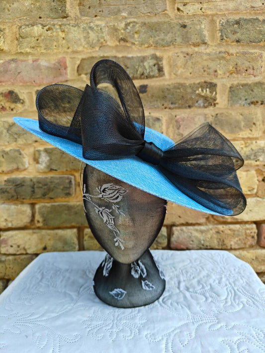 baby blue black large fascinator wedding hat  Kentucky Derby Royal Ascot bow