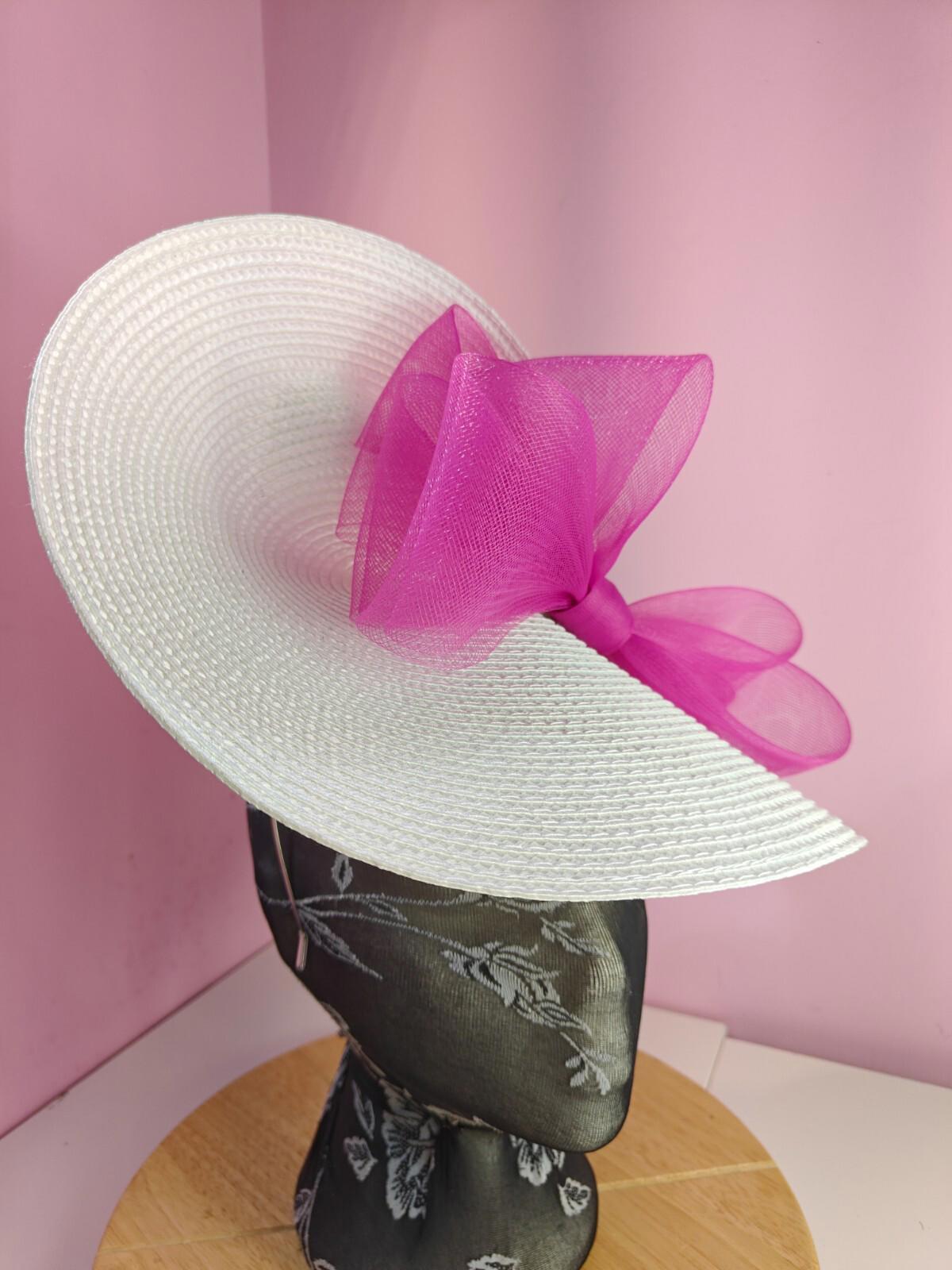 white dark pink large straw fascinator wedding hat Kentucky Derby Royal Ascot
