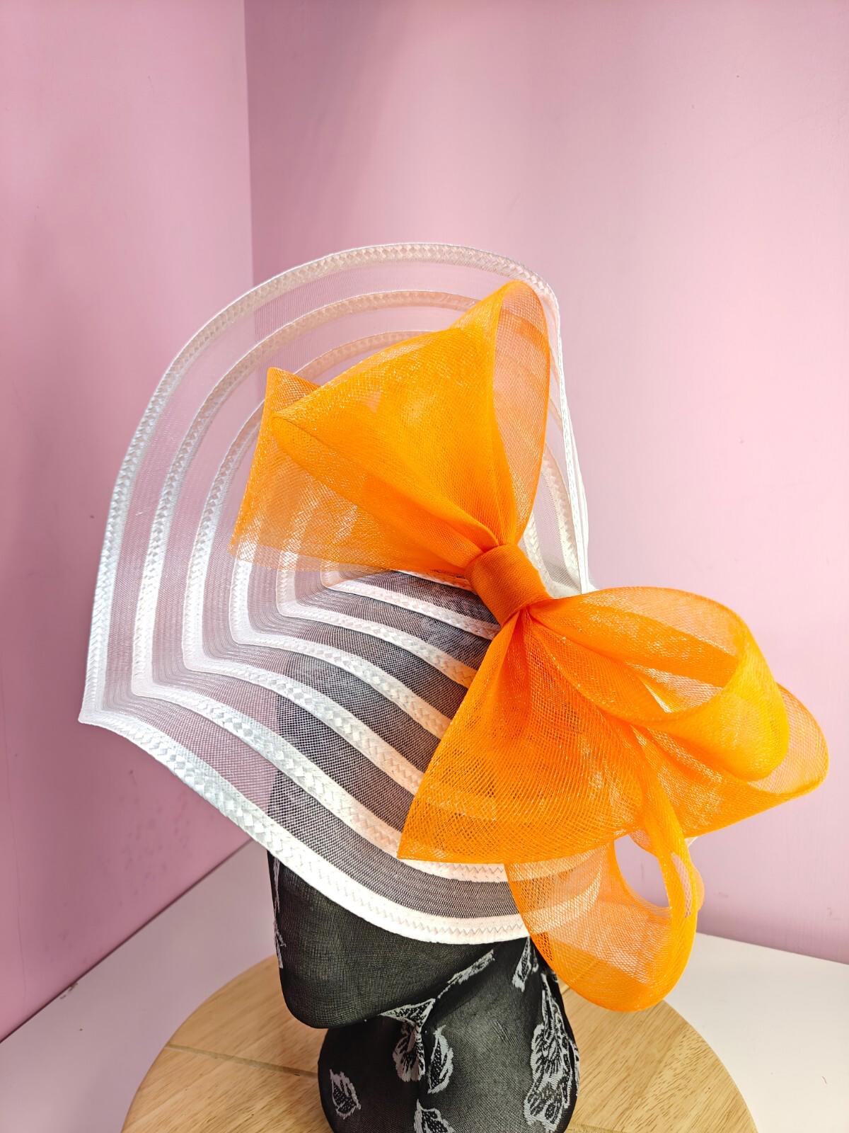 white orange bow fascinator millinery wedding hat Kentucky Derby Royal Ascot