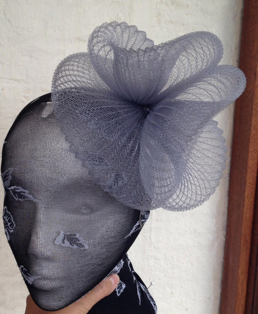Grey feather fascinator millinery burlesque headband wedding hat hair piece
