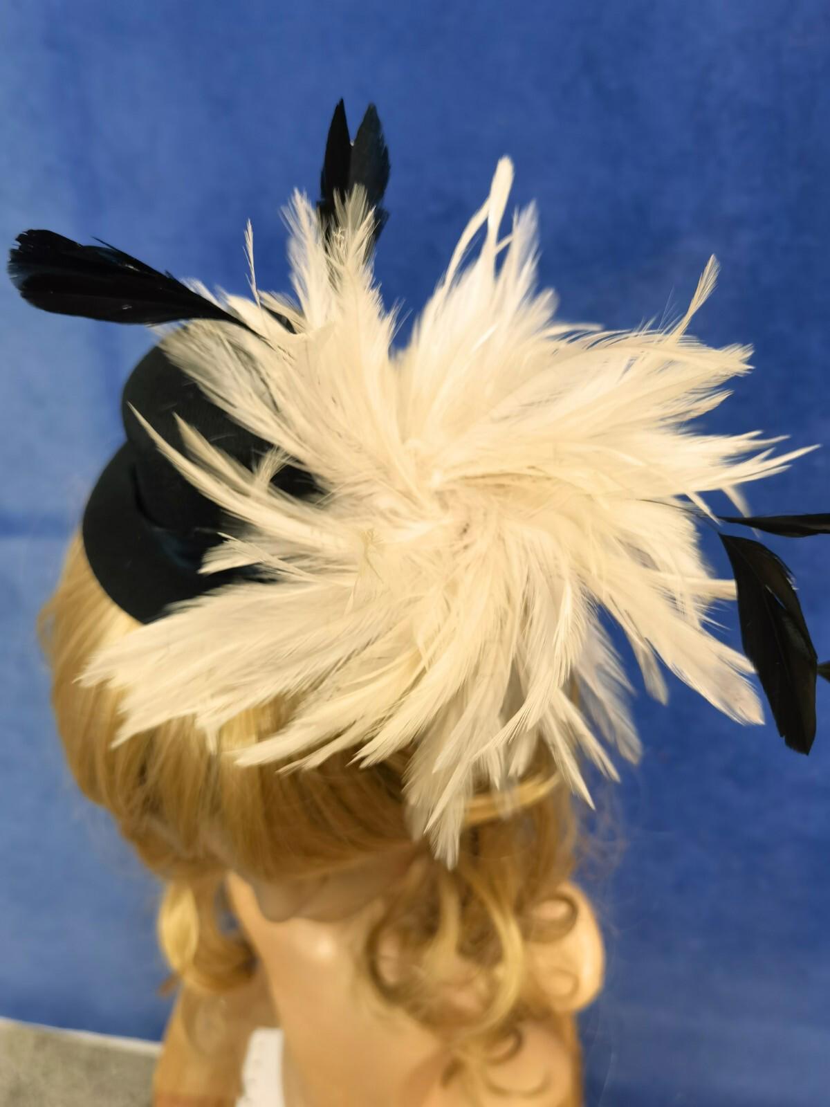 Cream black feather mini top hat fascinator millinery burlesque wedding 1
