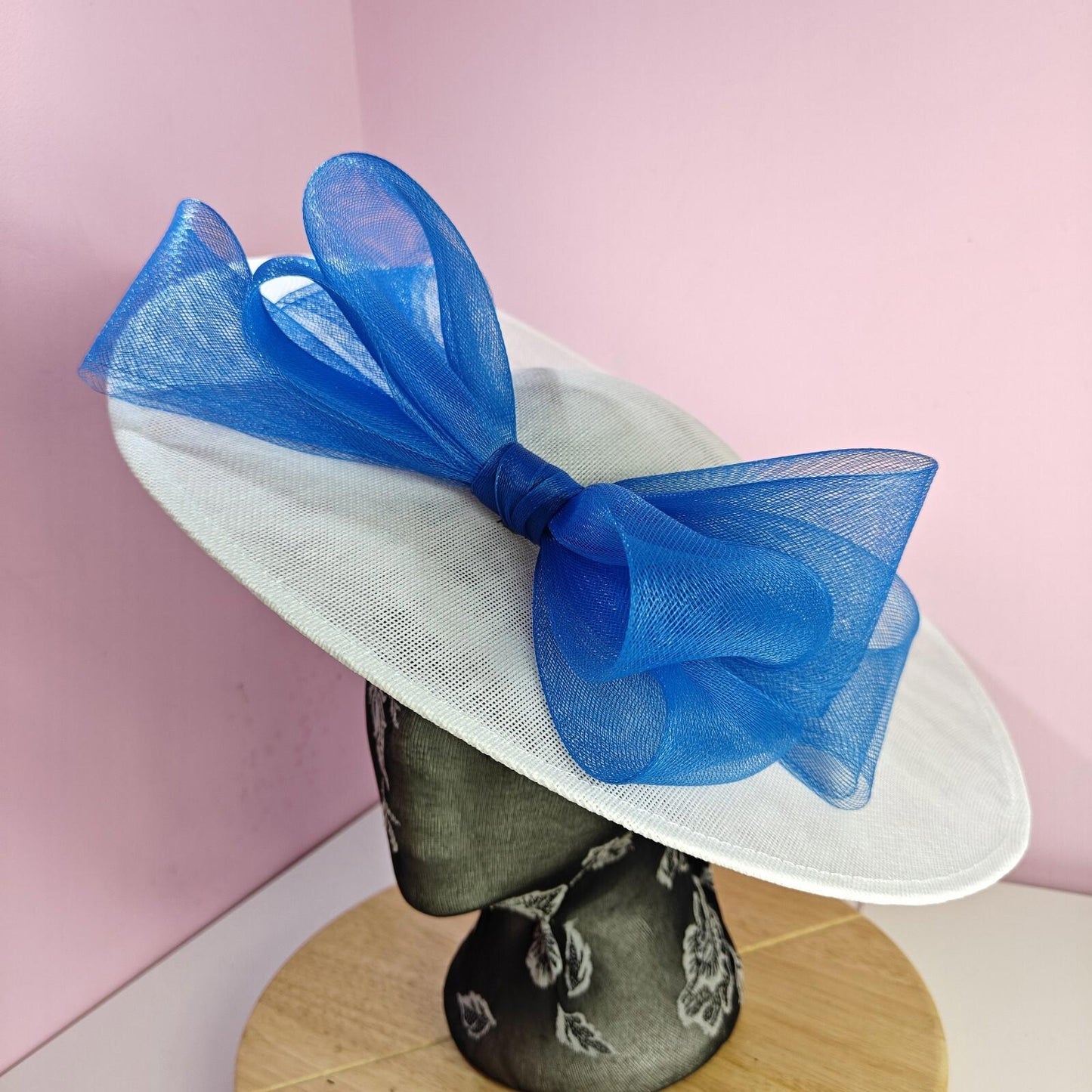 white blue large fascinator wedding hat  Kentucky Derby Royal Ascot bow