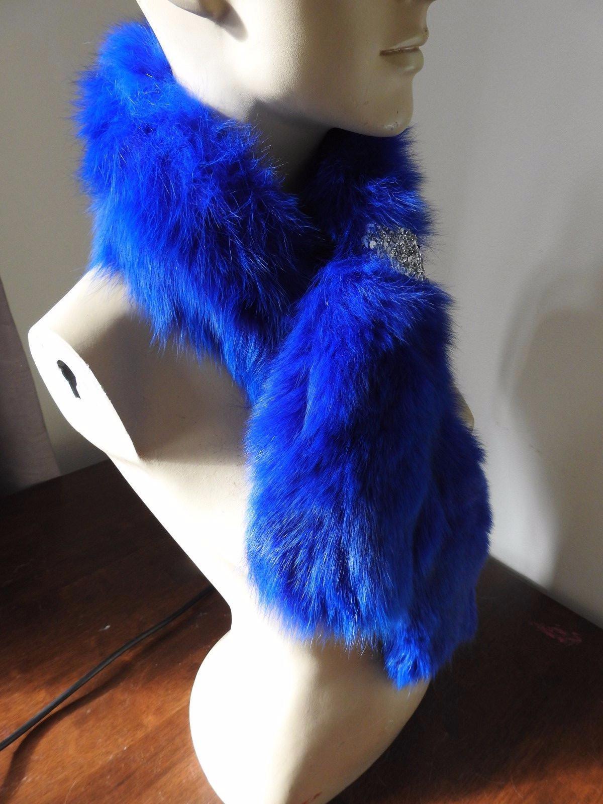 electric blue real genuine Chinese fox fur pelt collar scarf satin lining