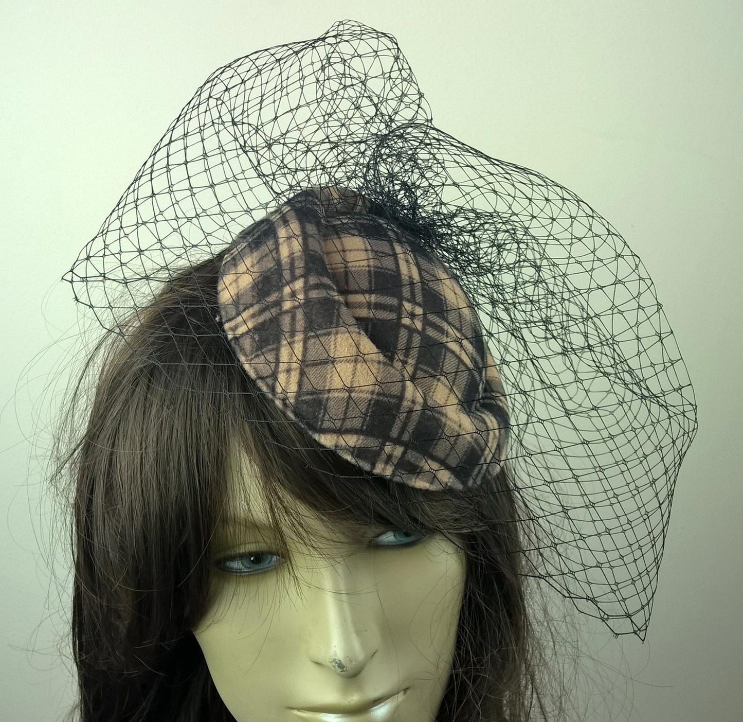 beige felt mini pill box hat black veiling french veil fascinator wedding x