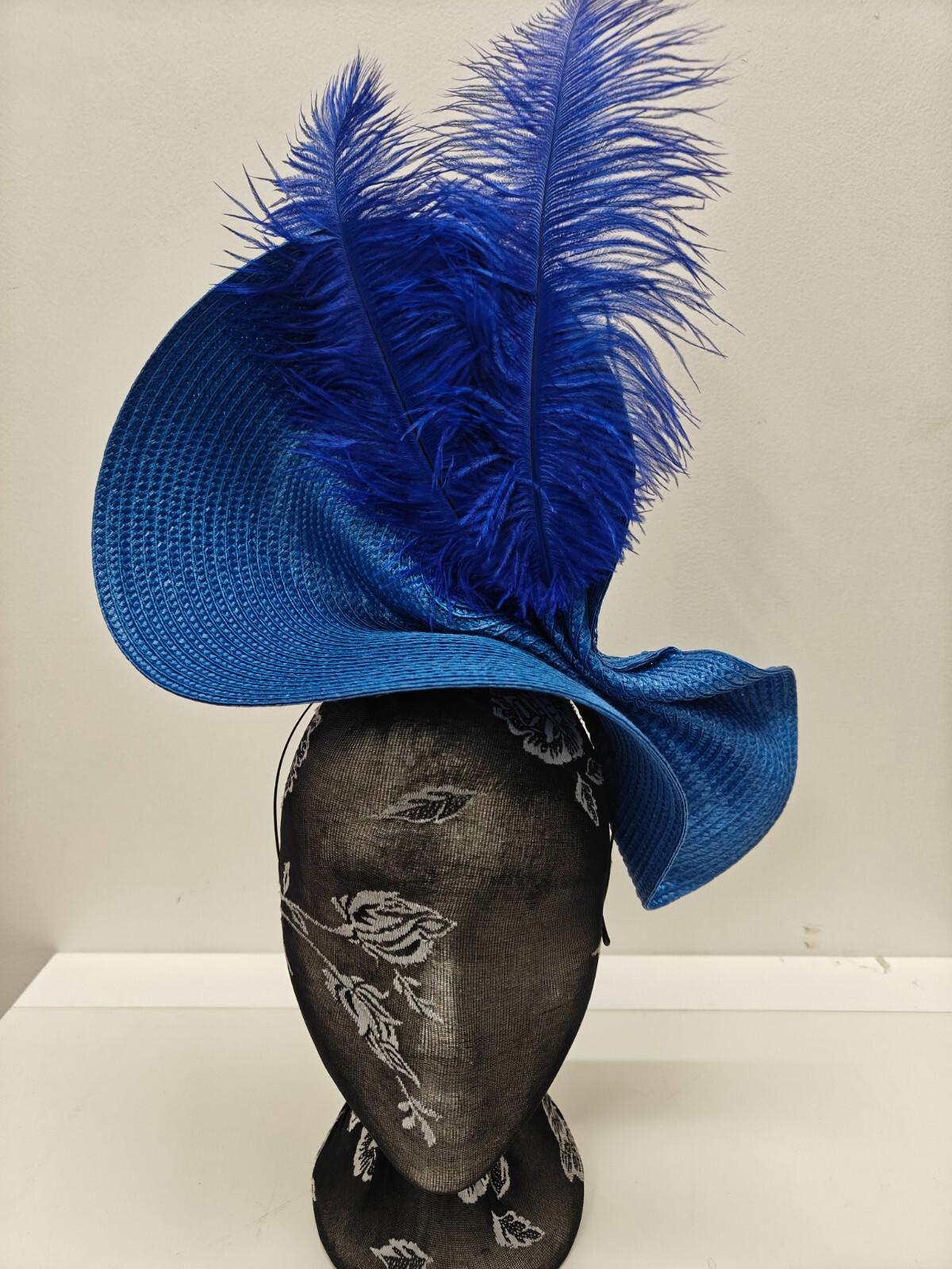 blue large straw fascinator ostrich feather millinery headband wedding hat