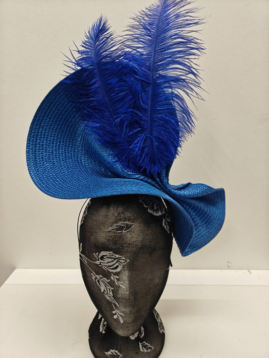 blue large straw fascinator ostrich feather millinery headband wedding hat