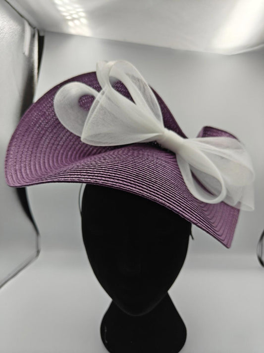 purple white bow straw fascinator millinery burlesque headband wedding hat